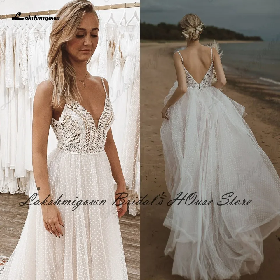 Lakshmigown Sexy Beach Wedding Dress Spaghett Straps 2024 Robe Mariee Vintage Lace Boheme Wedding Dresses Backless Pearls Beaded