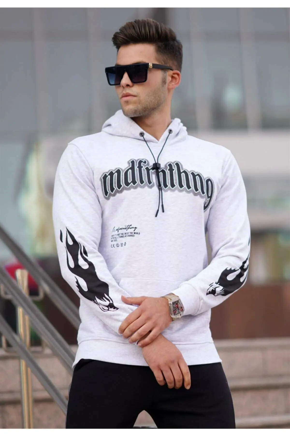 Men's White Printed Cotton Polyester Fabric Sweatshirt Pullovers 2021 Winter Season Stylish Design High Quality