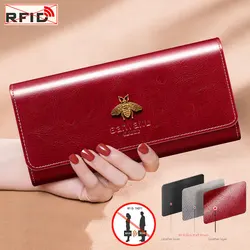 Luxury Design Woman Genuine Leather Wallet RFID Blocking Multi Function Card Holder Organizer Large Capacity Ladies Clutch P