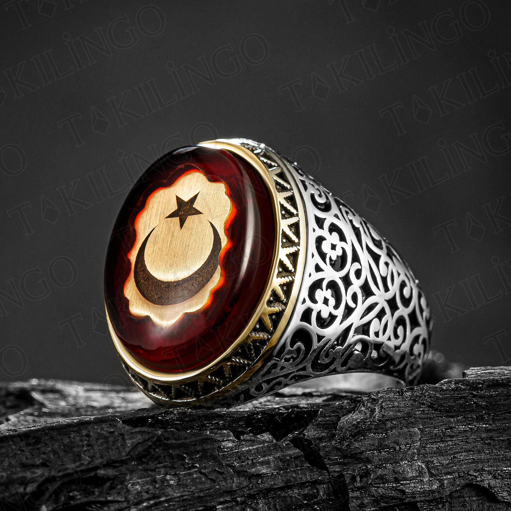 Elegant Solid 925 Sterling Silver Oval Star And Crescent On Amber Men's Ring High Quality Shiny Jewelry Gift For Him