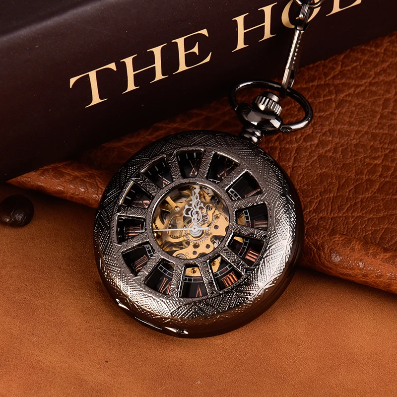 Hanging watch Large chain hollowed-out wheel black pocket watch Roman scale black mechanical pocket watch