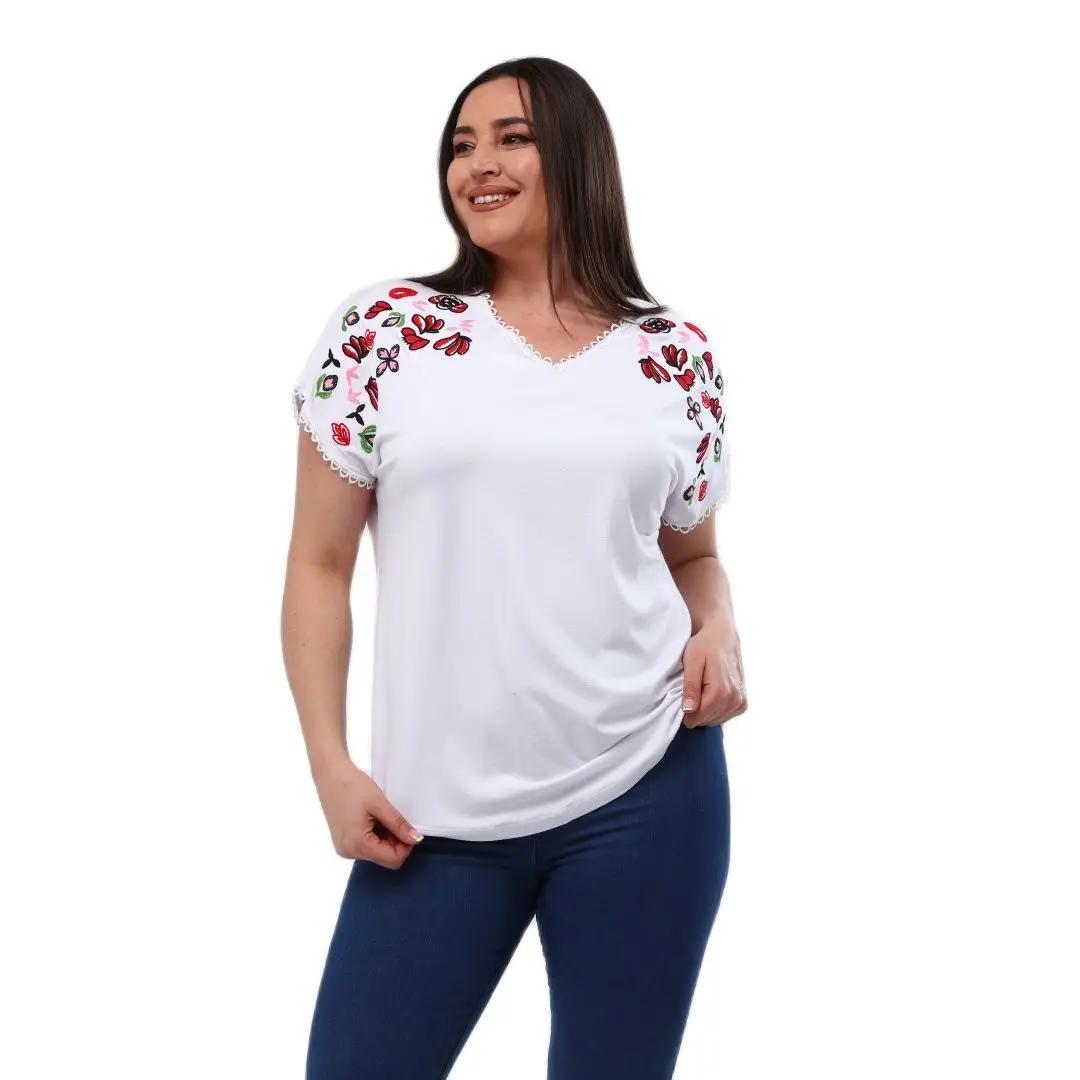 Women’s Plus Size Blouse V-Neck Flower Embroidery Detail, Designed and Made in Turkey, New Arrival