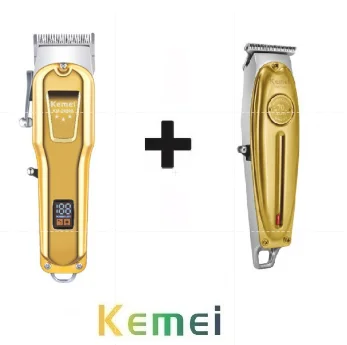 Máquina Cortar Cabelo Recarregável Profissional Kemei Km 2600a + Maq Acabamento Kemei km 1949 Golden