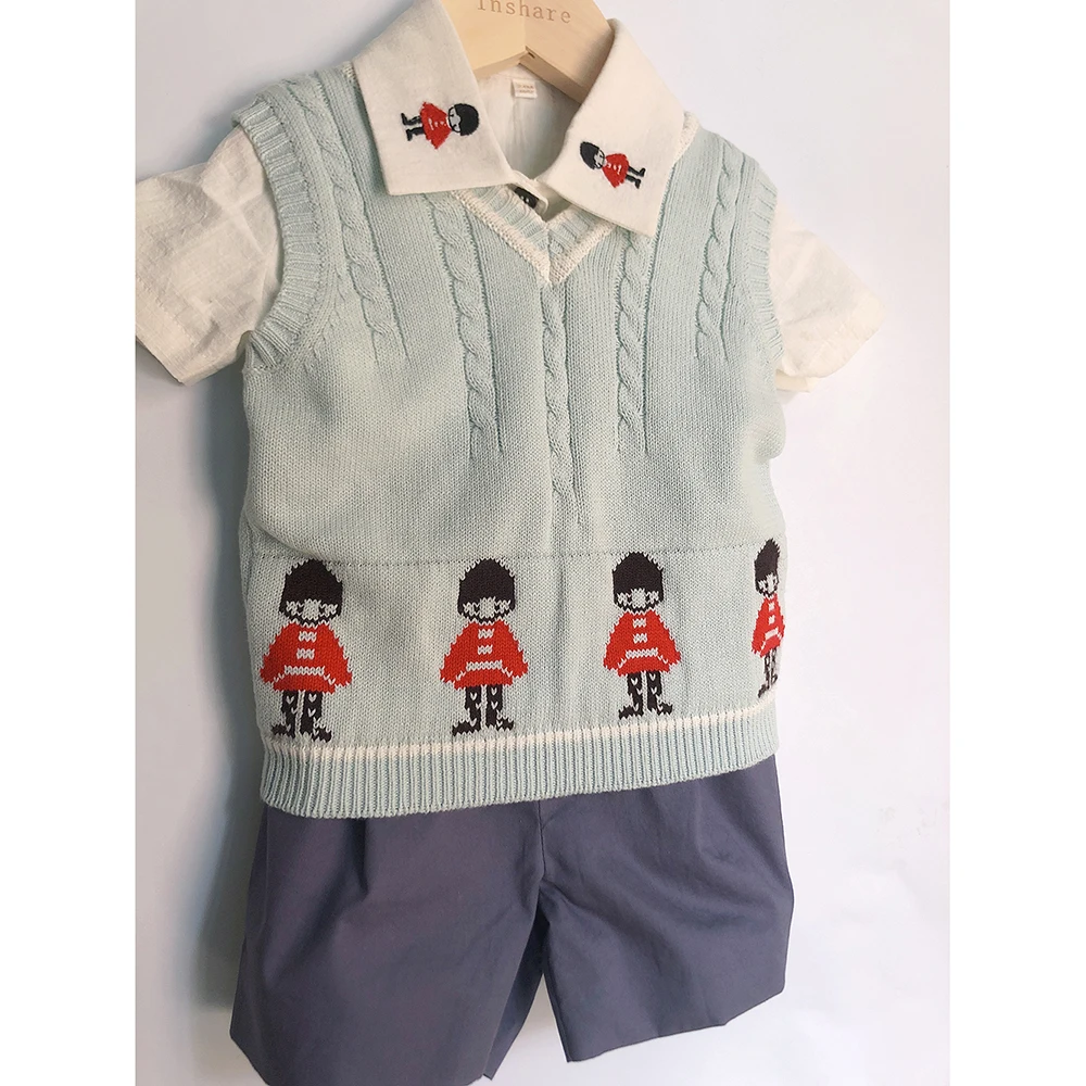 3 Pcs Children Boutique Clothing Set Boy Soldier Short Sleeve Cotton Shirt Sweater Vest Shorts Comfortable Handsom British Set