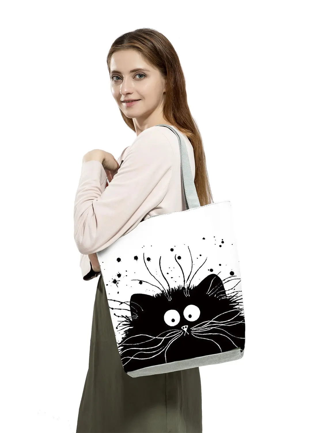 Cute Cat Women Handbags Foldable Harajuku Eco Totes Daily Casual Bags Creative Birthday Party Gift Custom Pattern Wife\'s Shopper