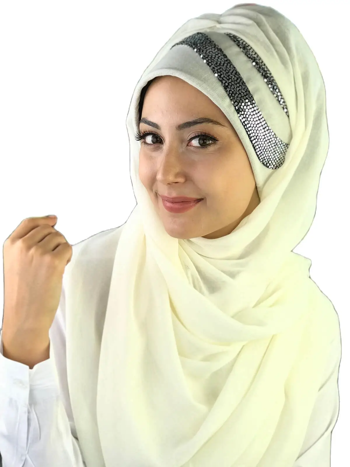 2022 New Fashion Hijab Women Muslim Islamic  Scarf Hat Silver Sequined Asymmetric Pattern Bright White Ready Made Shawl