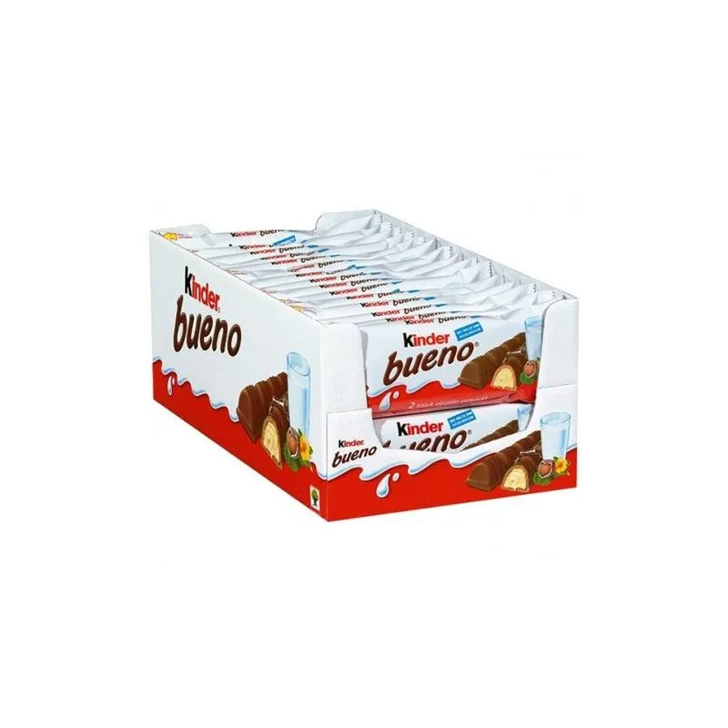 Caja KINDER BUENO 30 unidades - Compuesto por 2 barritas de crujiente barquillo envueltas individualmente, recubiertas de chocolate con leche y con un relleno cremoso de leche y avellanas