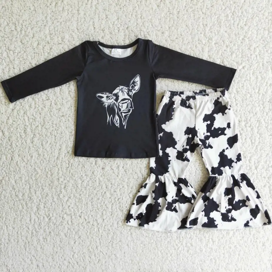 

RTS Baby girls long sleeve tee shirt top cow print wholesale children autumn black color fall outfits kids clothing kids sets