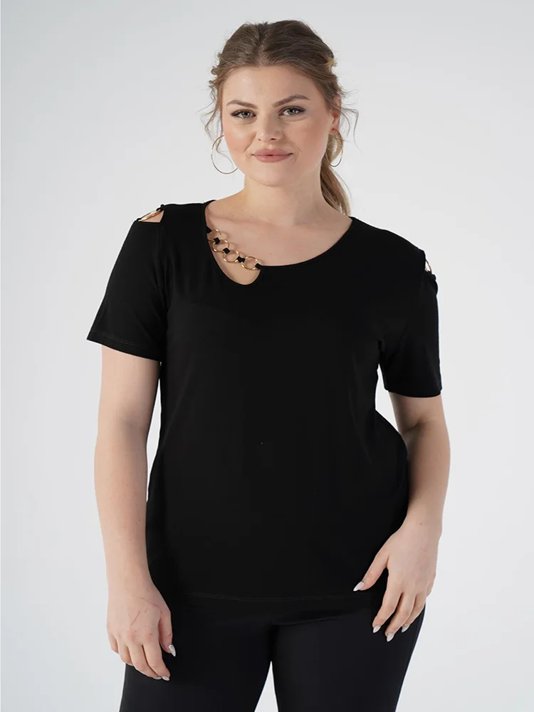 

Buckle Detailed Viscose Fabric Short Sleeve Plus Size Blouses For Women 4xl 5xl 6xl 2022 New Fashion Tops