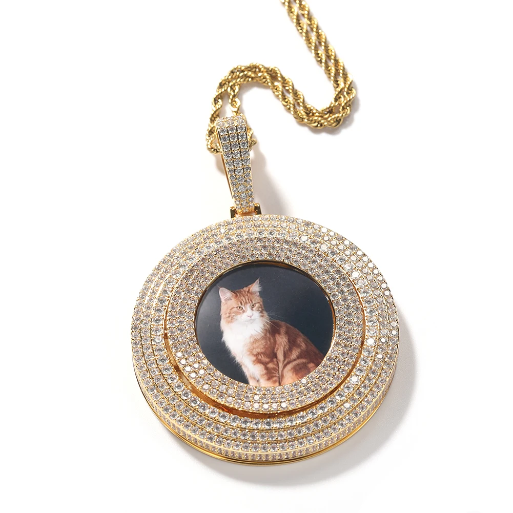 THE BLIKG KING Spinning Photo Pendant Necklace Full Iced Out Cubic Zirconia Custom Memory Chain Engraved Name Hiphop Jewelry