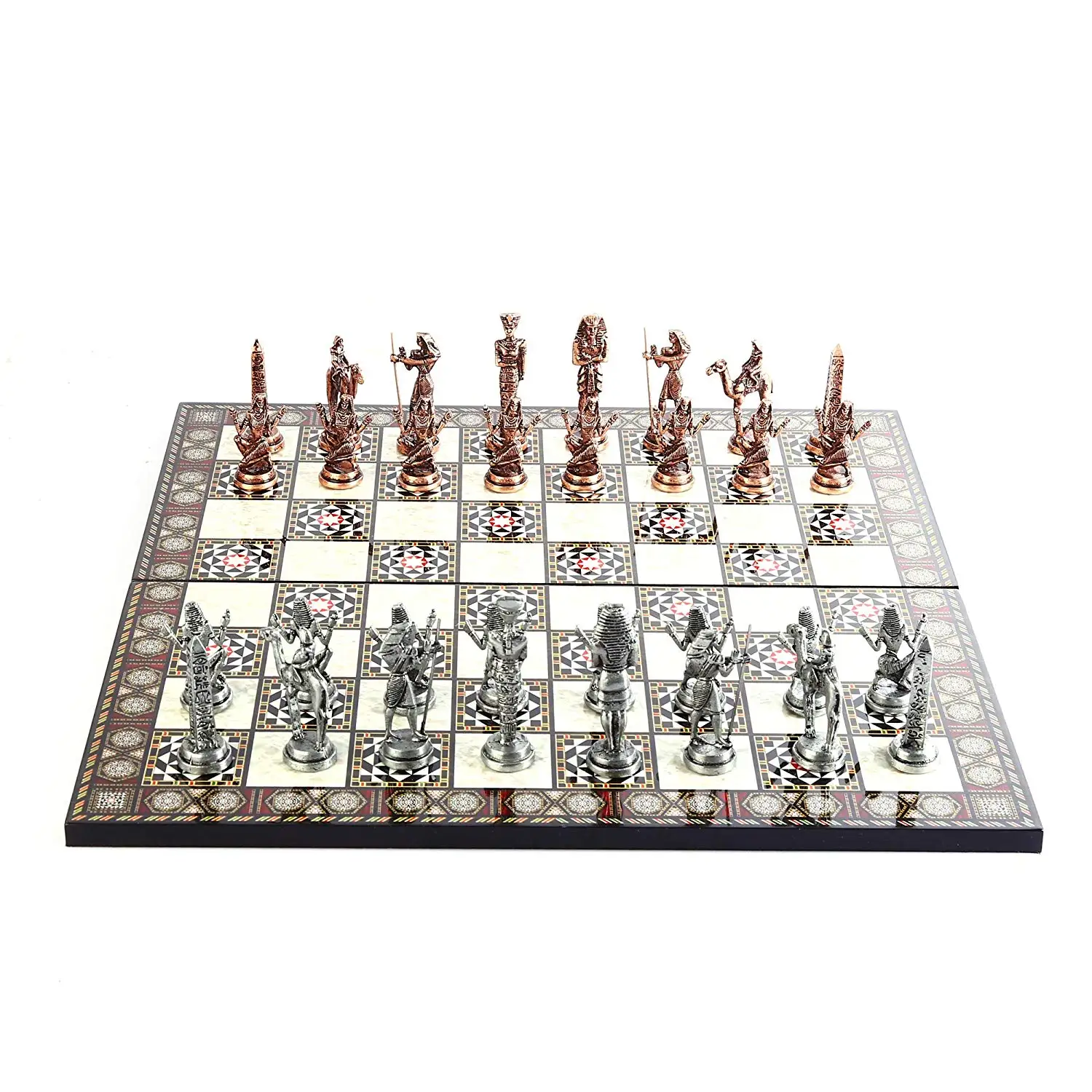 

Egypt Pharaoh Antique Copper Figures Metal Chess Set,Handmade Pieces and Mother-of-Pearl Patterned Wood Chess Board King 9 cm