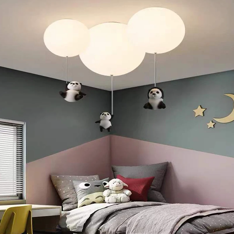 Creative Panda Led Chandeliers Balloon Lights Cute Baby Children Bedroom Living Dining Room Pendant Hanging Lightings Designer