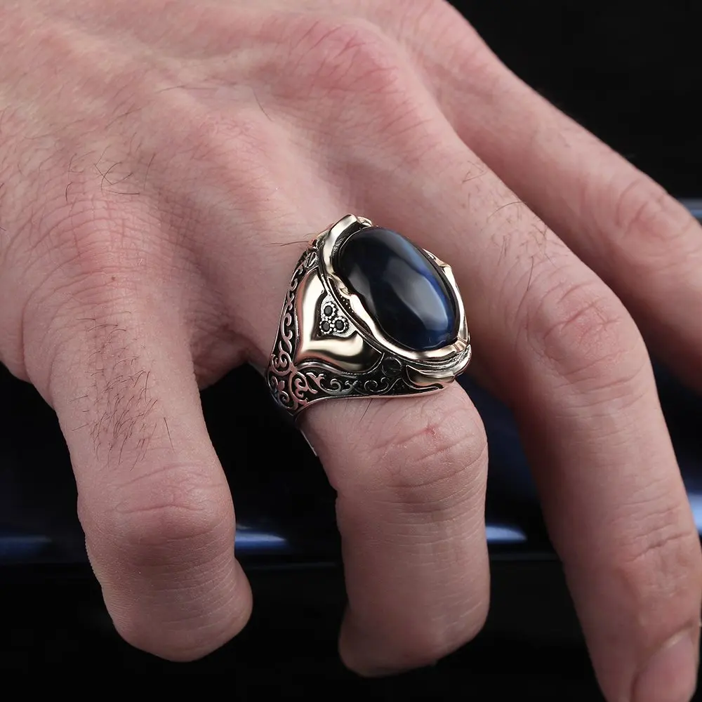 925 Sterling Silver Ring for Men  Natural Tiger Stone, Jewelry Fashion Vintage Gift Onyx Aqeq Mens Rings All Size