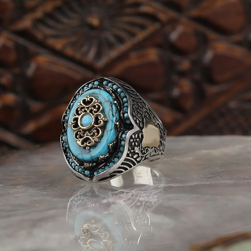 Real Pure 925 Sterling silver ring real turquoise stone hand made made in turkey luxury and trendy model vintage style model