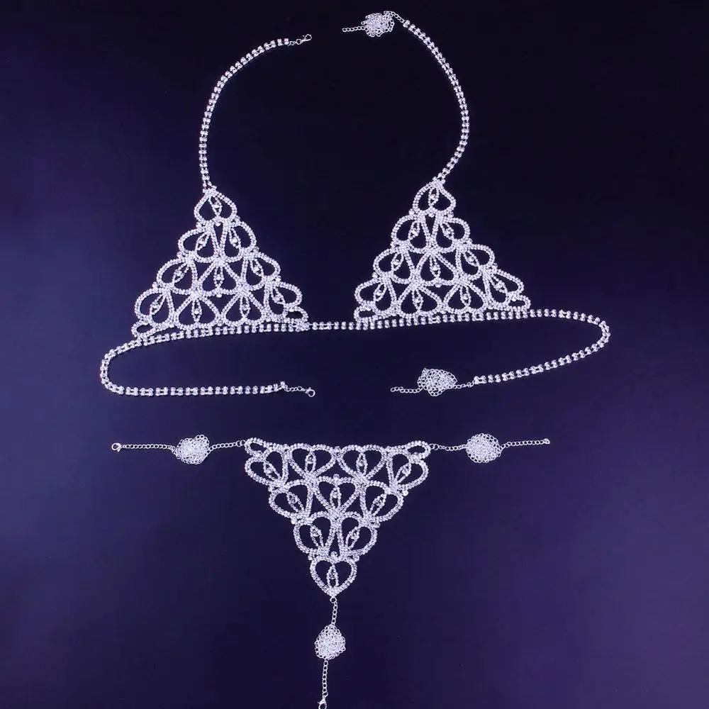 Sexy Crystal Body Harness Heart Jewelry Underwear Chain for Women Luxury Lingerie Body Jewelry Bikini Bra and Thong Panties
