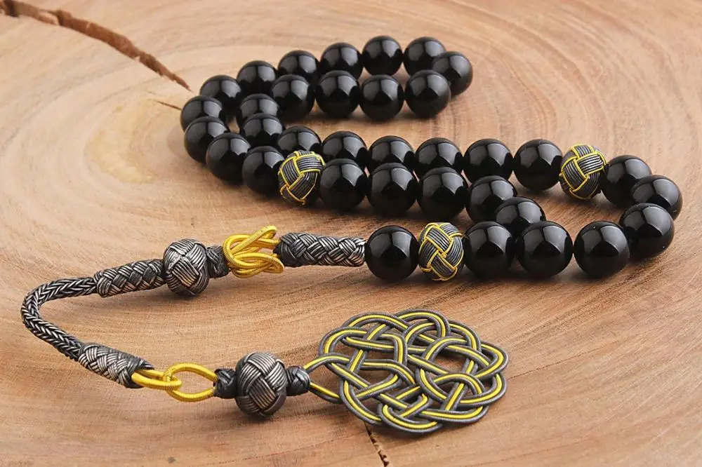 Islamic Tesbih Oval Shape Natural Onyx Stone Prayer Beads Tasbeh Handwork 1000 Sterling Silver Tassel