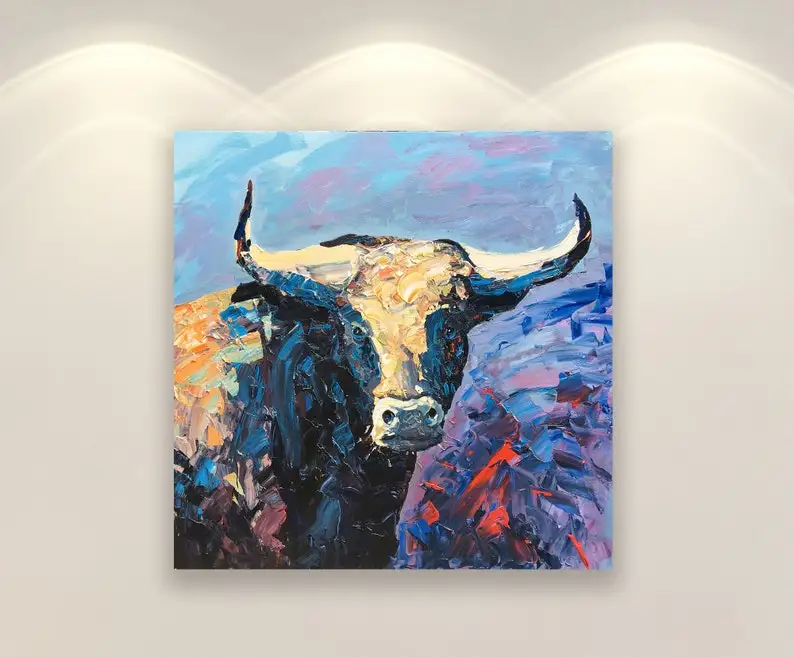 

Bull Cow Painting impressionist abstract Animal red blue oil Painting Palette Knife Wall Art Picture Living Room Home Decoration