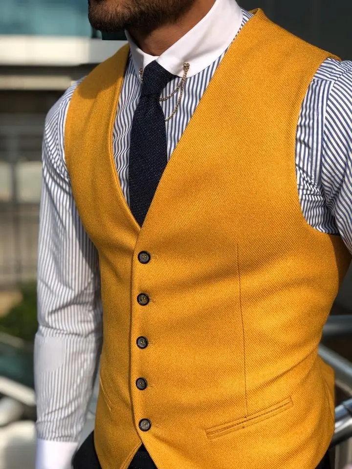 Men Vest Classic Cotton Blended Yellow Slim Fit Formal Suit Waistcoat Single Breasted Vest Men Classic V Neck For Wedding