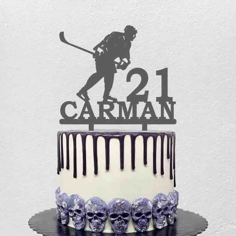 Custom Name Age Man Playing Ice Hockey Silhouette Cake Topper For Ice Hockey Fans Birthday Party Cake Decoration YC156