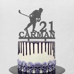Custom Name Age Man Playing Ice Hockey Silhouette Cake Topper For Ice Hockey Fans Birthday Party Cake Decoration YC156
