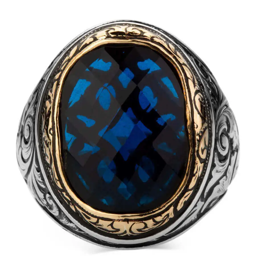 Sterling Silver Intricately Inlaid Mens Ring with Blue Zircon Stone Fashion Turkish Premium Quality Handmade Jawelery