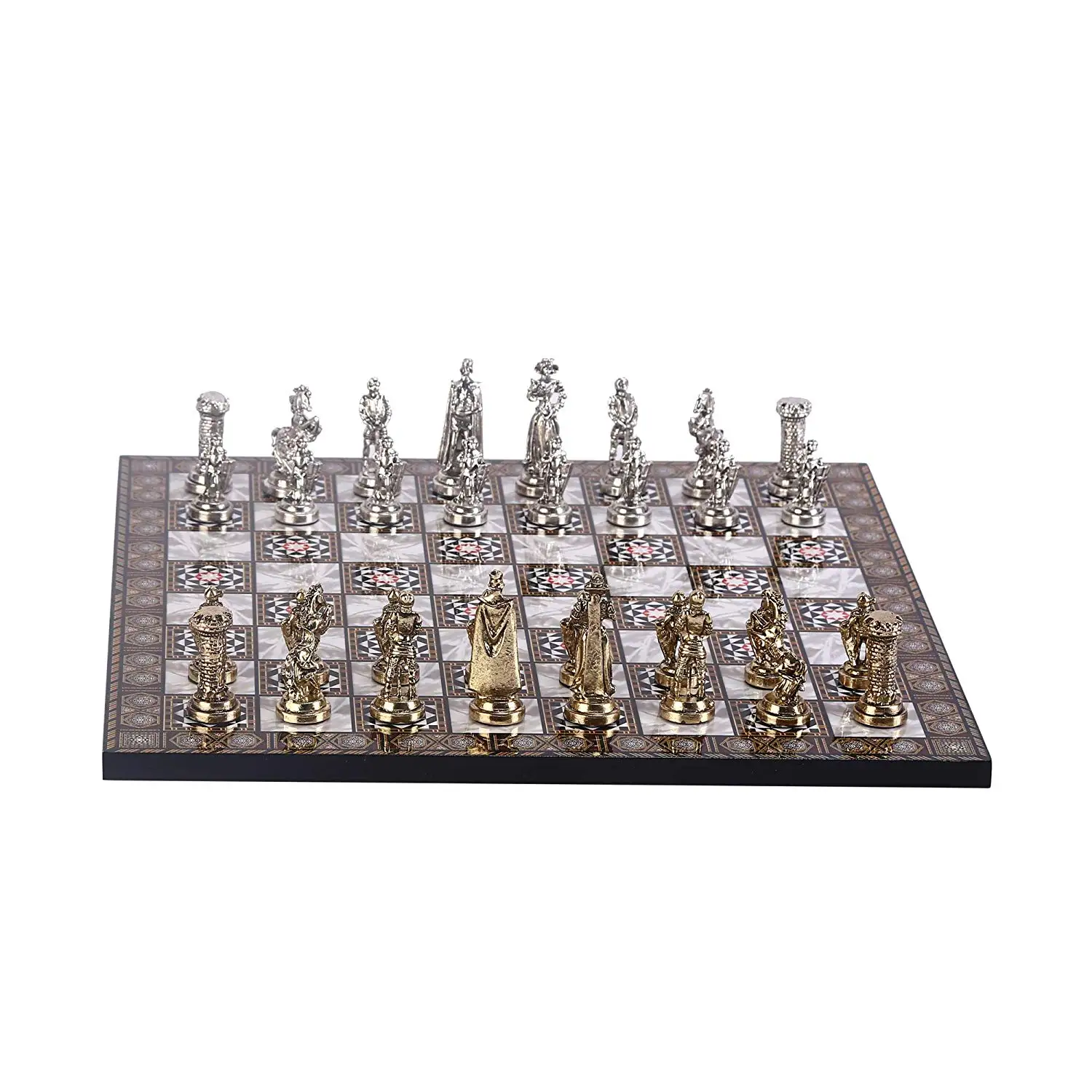 Medieval British Army Metal Chess Set for Adult,Handmade Pieces and Mother-of-Pearl Patterned Wood Chess Board King 7 cm