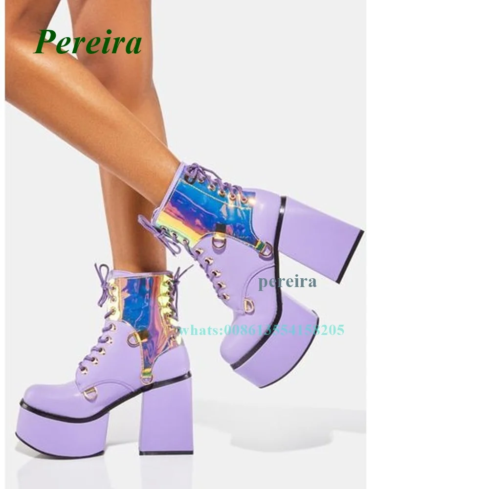 Purple Round Toe Platform Ankle Boots 2022 New Chunky Heel Cross Tied High Heels Lace Up Lacer Women\'s Shoes Sexy Plus Size Boot