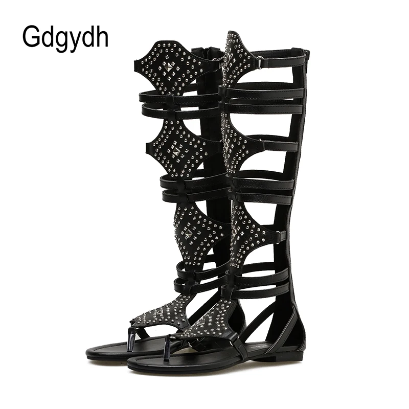 Gdgydh Flat Gladiator Sandals Women Knee High Open Toe Rivet Leisure Sandals with Zipper Black Golden Clip Toe Flip Flops Female