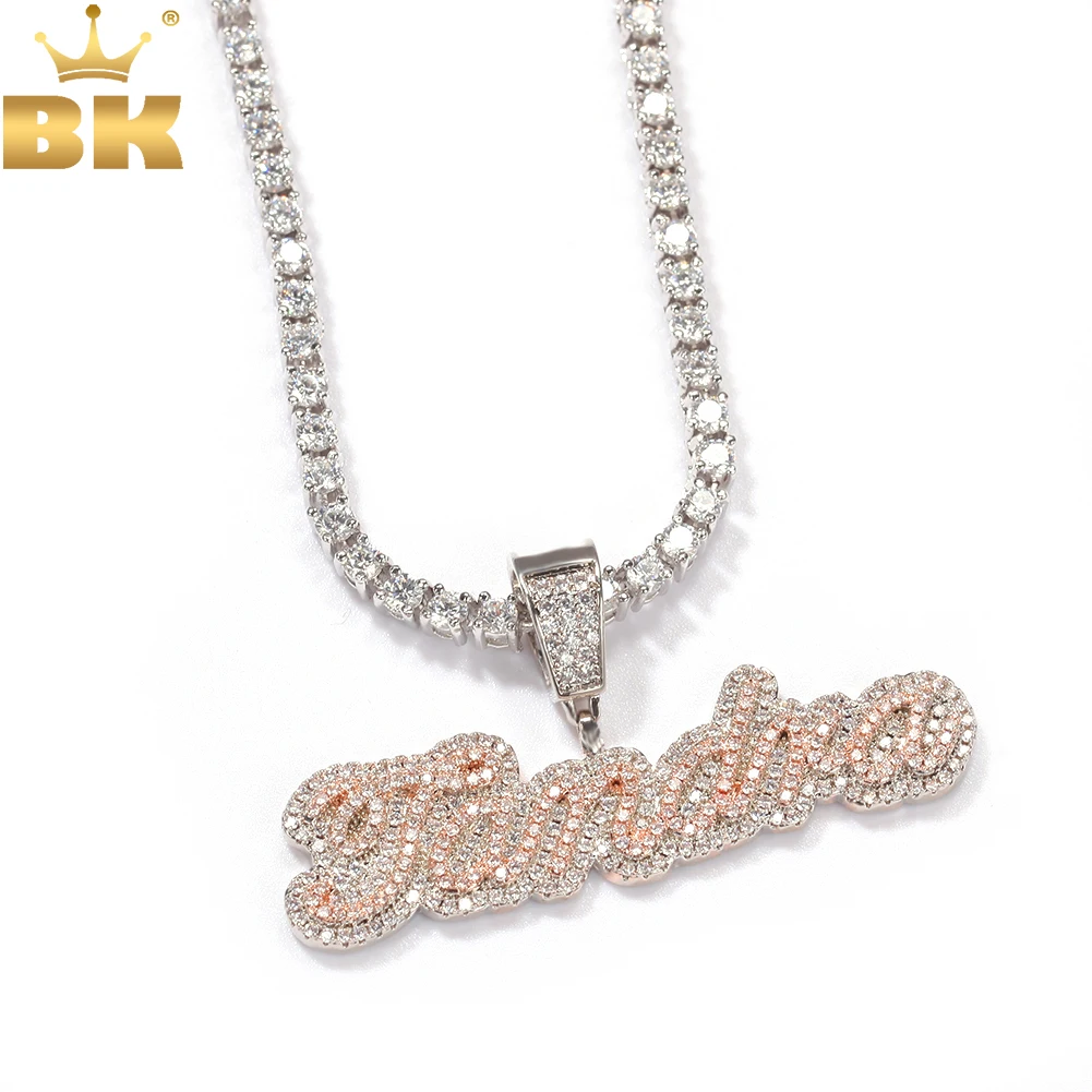 THE BLING KING Custom Name Necklace Bubble Edwardian Script Letter Iced Out White Pink CZ Personalized Pendant Hiphop Jewelry