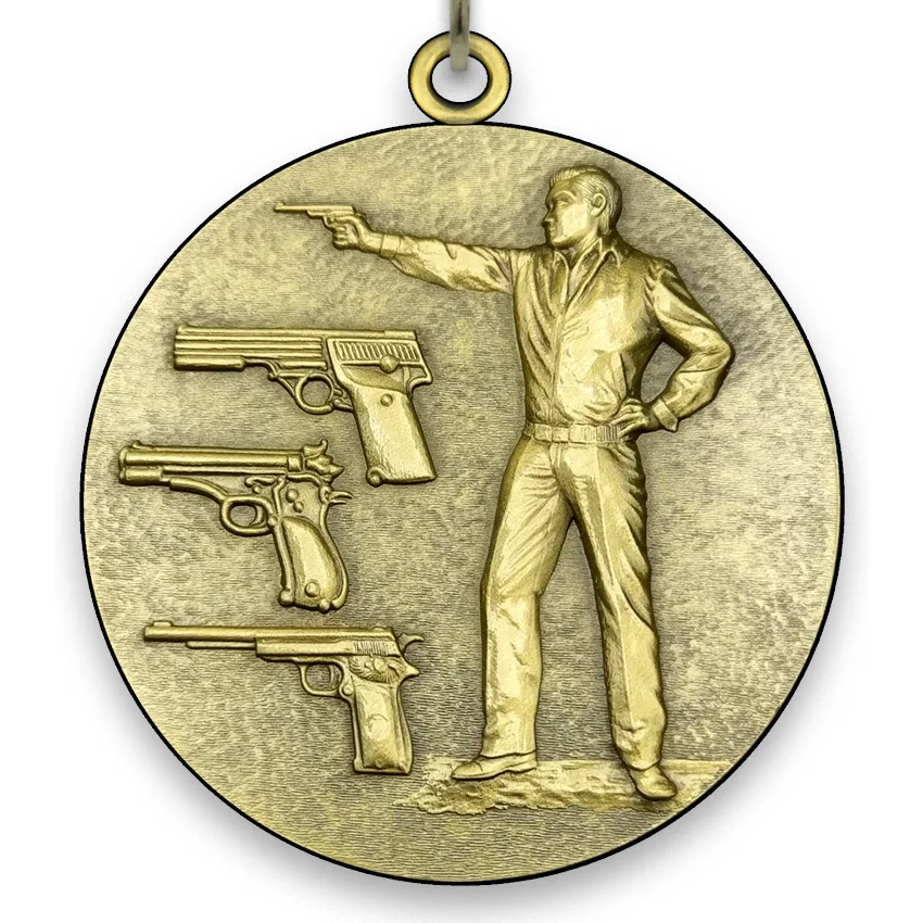 Large Metal Pistol Shooting Medal - Gold - 6,4 cm - with Neck Ribbon size 2,2cm x 80 cm - Choice of Ribbon Colours.