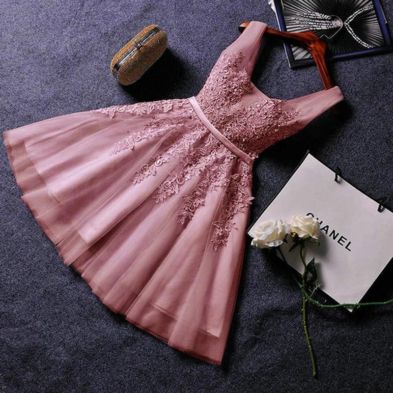 Elegant Pearl Pink Prom Dresses 2021 Sexy Prom Dress Short V Neck Appliques Beading Lace Up Knee-Length Graduation Party Gowns