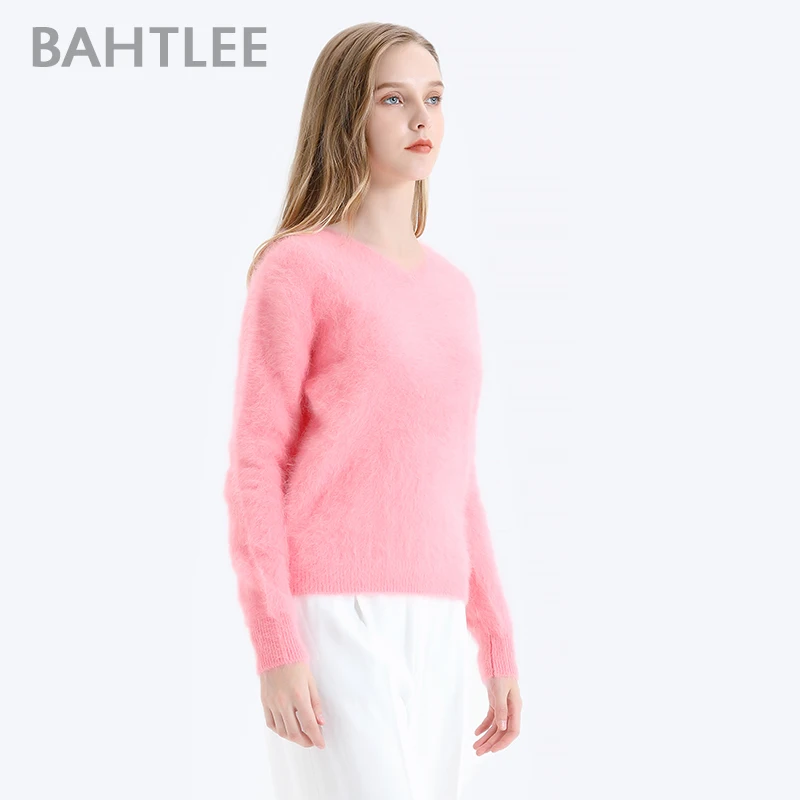 BAHTLEE-Women\'s Angora Wool Knitted Jumper, Long Sleeves, V-Neck Suit, Basic Style Pullovers, Pure Color, Autumn, Winter