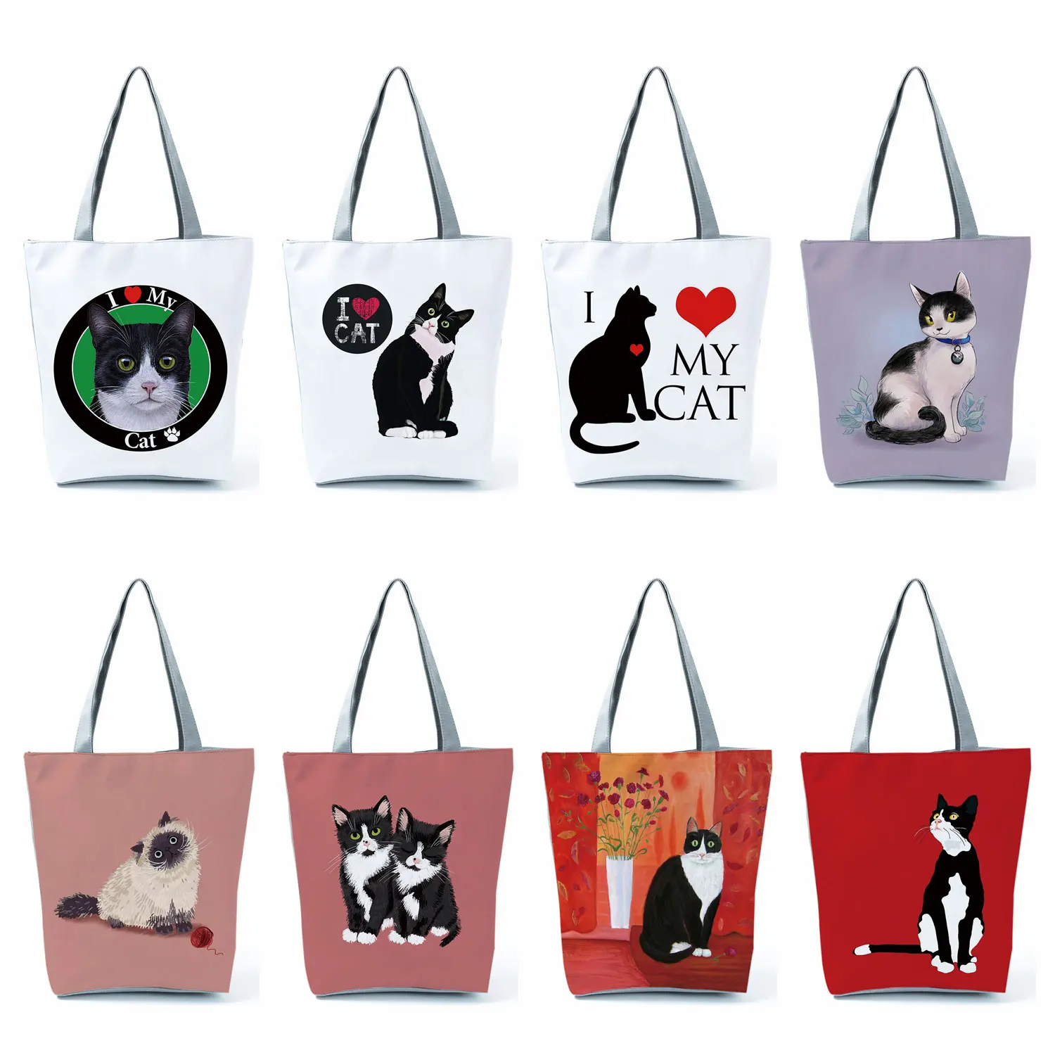 Fashion Handbgas Cute Black I Love Cat Painting Women Designer Tote Animal Graphic Eco Reusable Shopping Shopper Bags Foldable