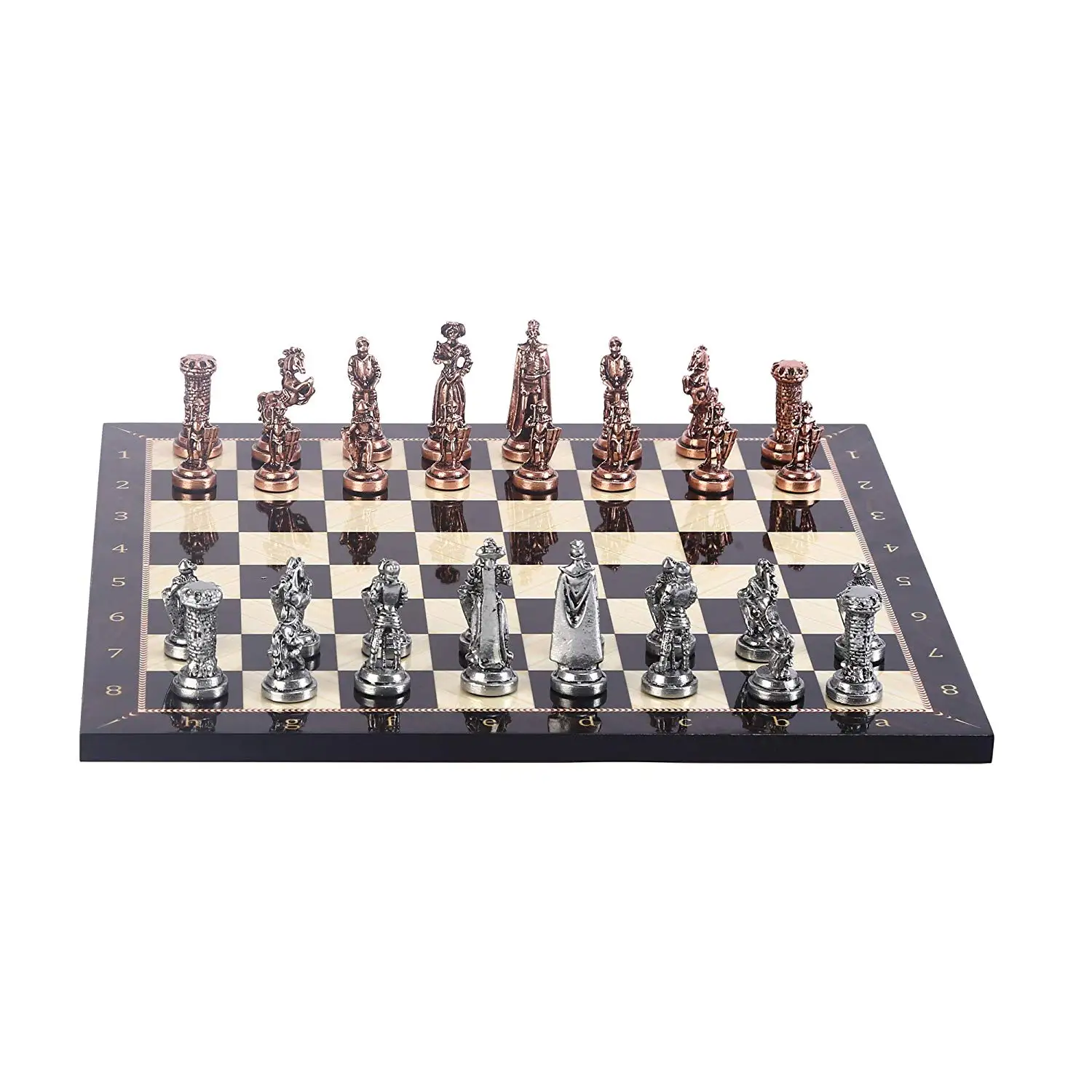 Medieval British Army Antique Copper Metal Chess Set,Handmade Pieces and Walnut Patterned Wood Chess Board Kıng 7 cm