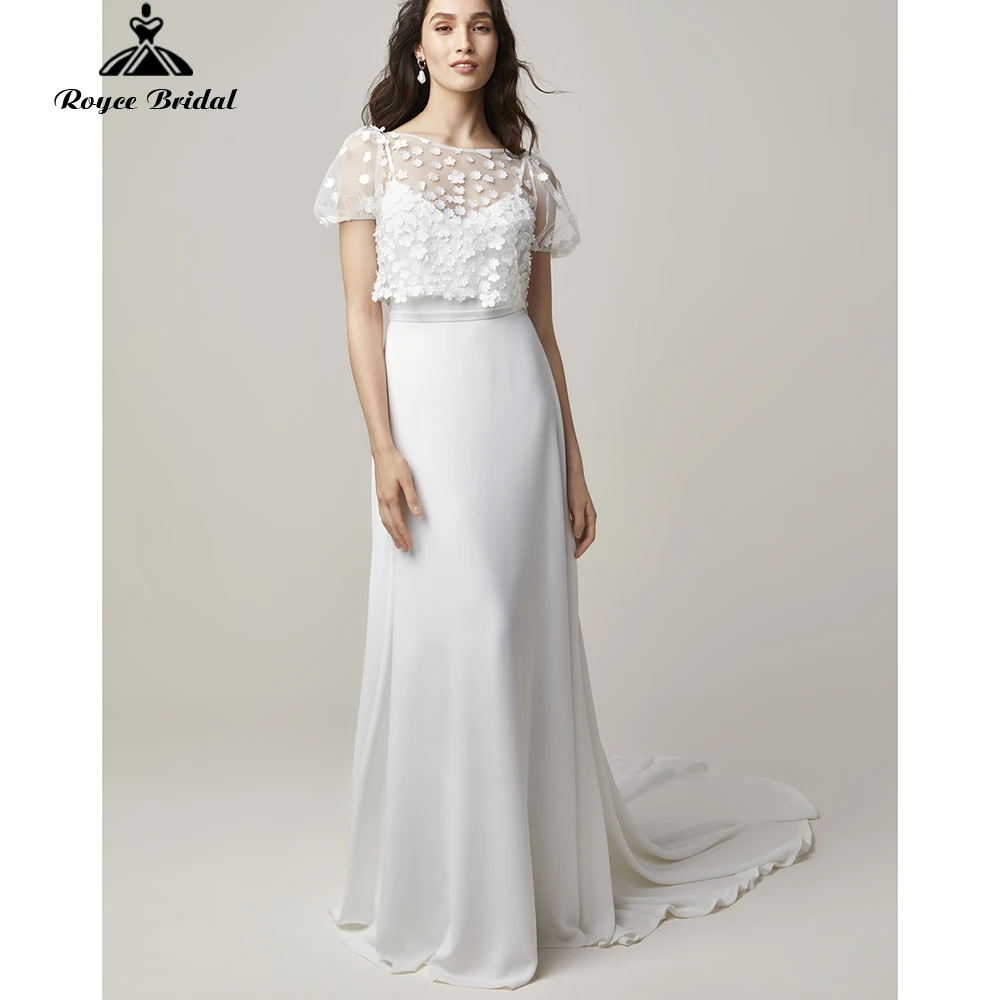 Adorável o-neck fora do ombro apliques de duas peças terno a linha vestidos de casamento 2022 chiffon vestidos de noiva varrer andar de comprimento rendas