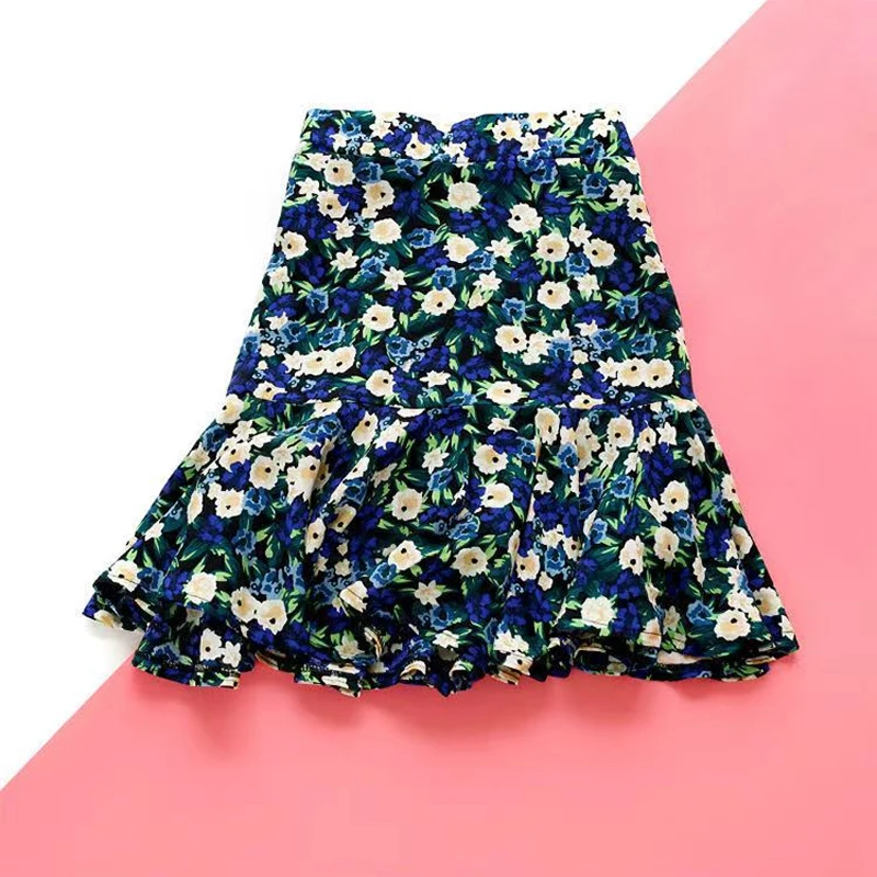 Zomer Vrouwelijke Strand Boho Sexy Rok Casual Bloemen Gedrukt Ruches Zoom Hoge Taille Rok Vrouwen Bloemen Koreaanse Geplooide Vintage