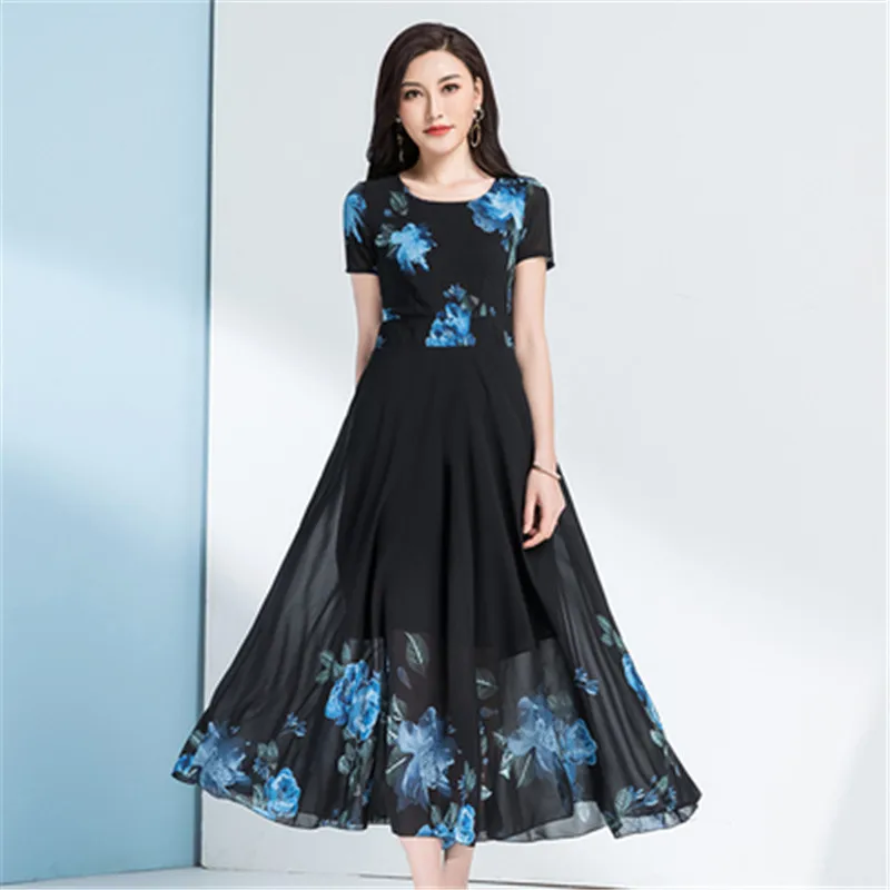 Chiffon printed dress 2020 summer new fashion O-neck Slim was thin temperament popular big swing beach dress