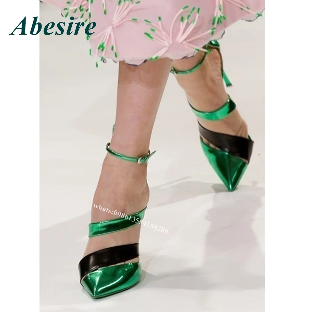 Black and Green 2022 Cut Out Women Pumps Pointed Toe Buckle Strap Pumps Stiletto Summer High Heels Elegant Runway Shoes Size 43