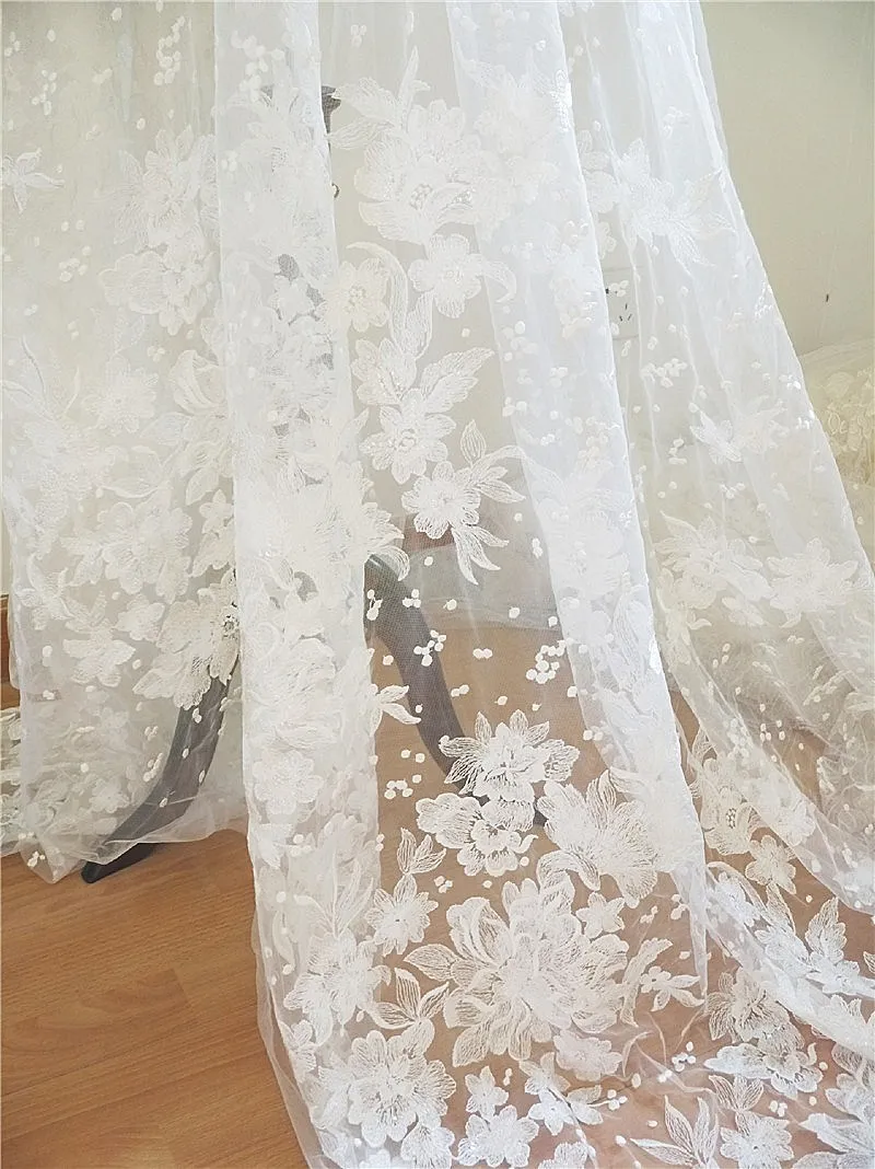 Off White Floral Embroidery Tulle Lace Fabric , Clear Sequin Dot Fabric for Wedding Bridals Veil Lace Gown 140cm Wide