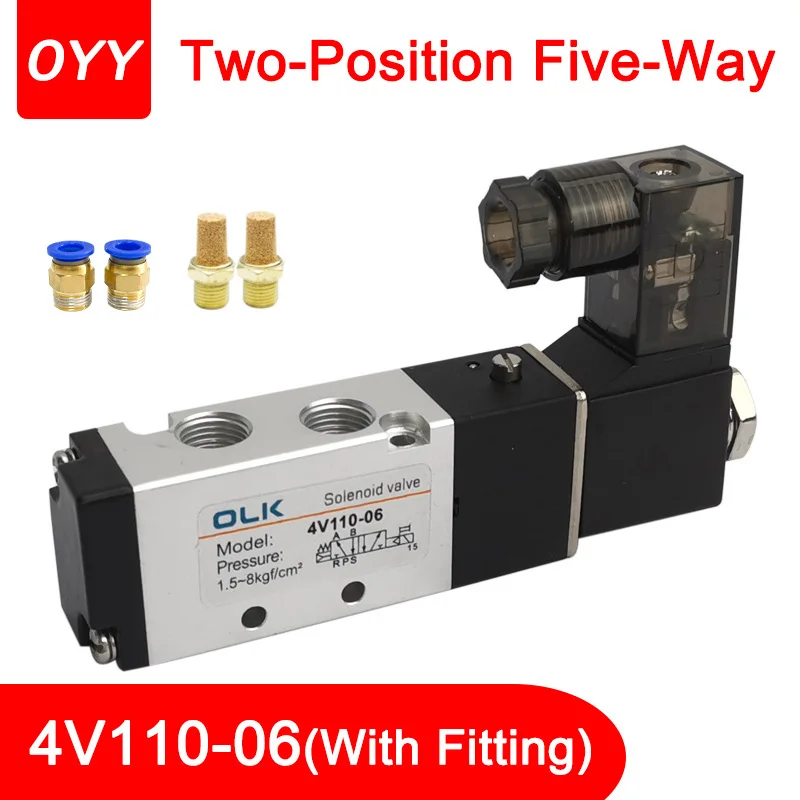 4V110-06 Air 2 Position 5 Way Electronic Pneumatic With Pneumatic Connector Solenoid Valve  DC12V DC24V AC220v AC110V AC36V