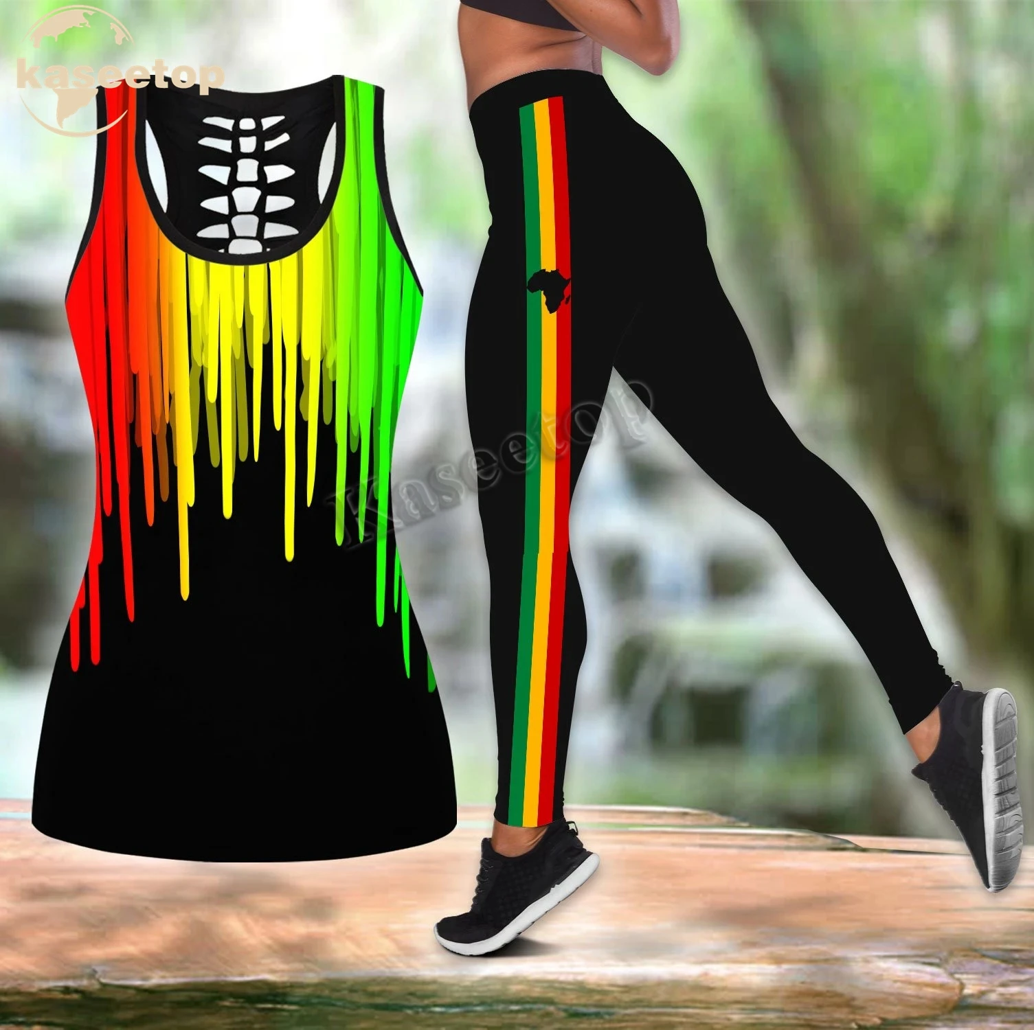 Kaseetop African Africa Flag R.Y.G Two Piece Yoga Set Women 3D Print Vest Hollow Out Hollow Tank & Legging Outfit Summer LK123