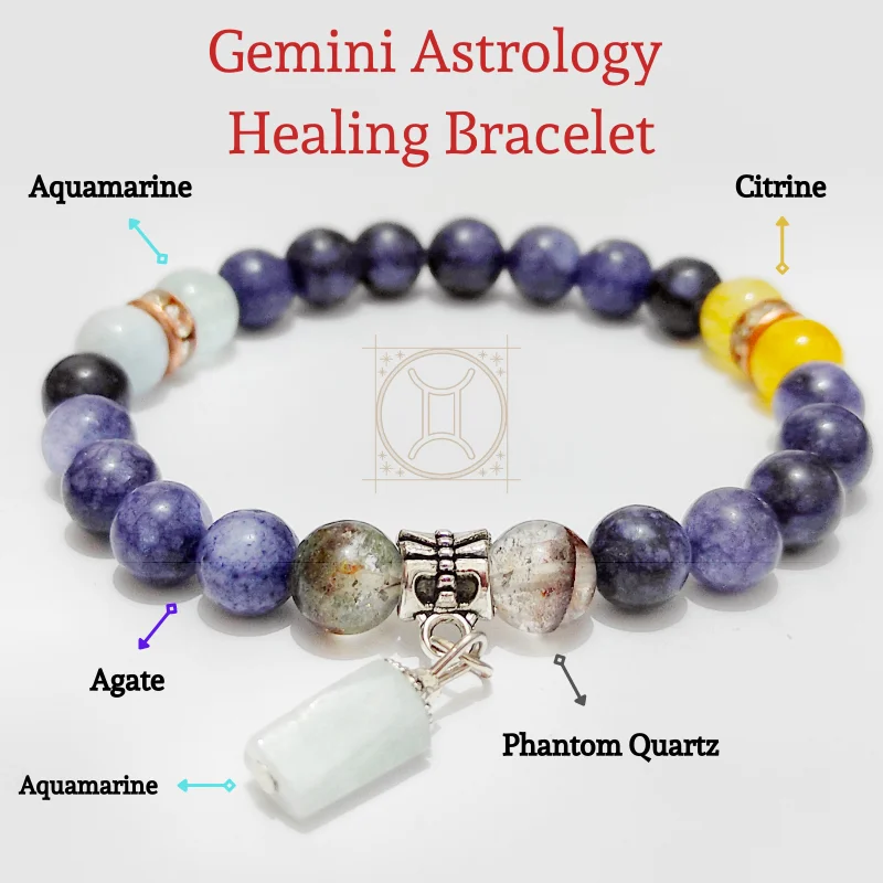 

Gemini Women Bracelet, Aquamarin, Phantom Quartz, Agate, Citrine, Healing gemstones, Zodiac Bracelet, Charm Bracelet