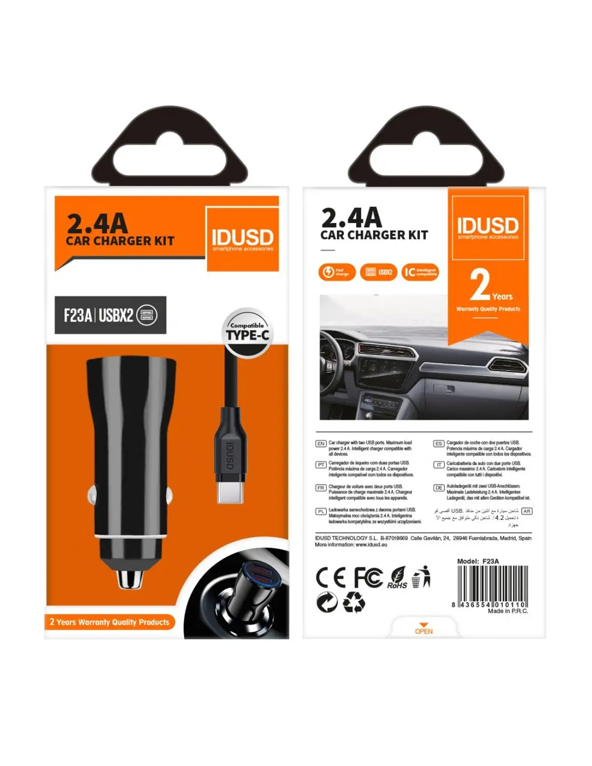 Cargador de teléfono de coche rápida Car Charger 2U 2.4A + Cable Type-C 1.2M