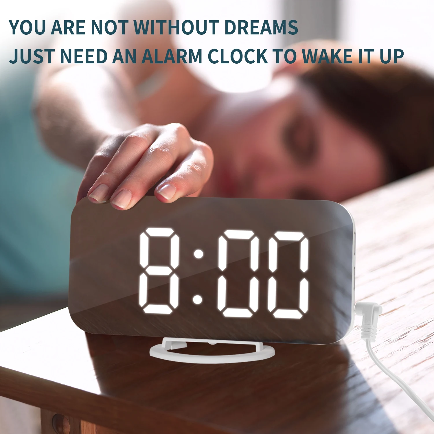 ดิจิตอล LED นาฬิกาปลุกกระจก2พอร์ต Charger USB Night Light LED นาฬิกา Snooze ฟังก์ชั่นปรับความสว่างโต๊ะนาฬิกา