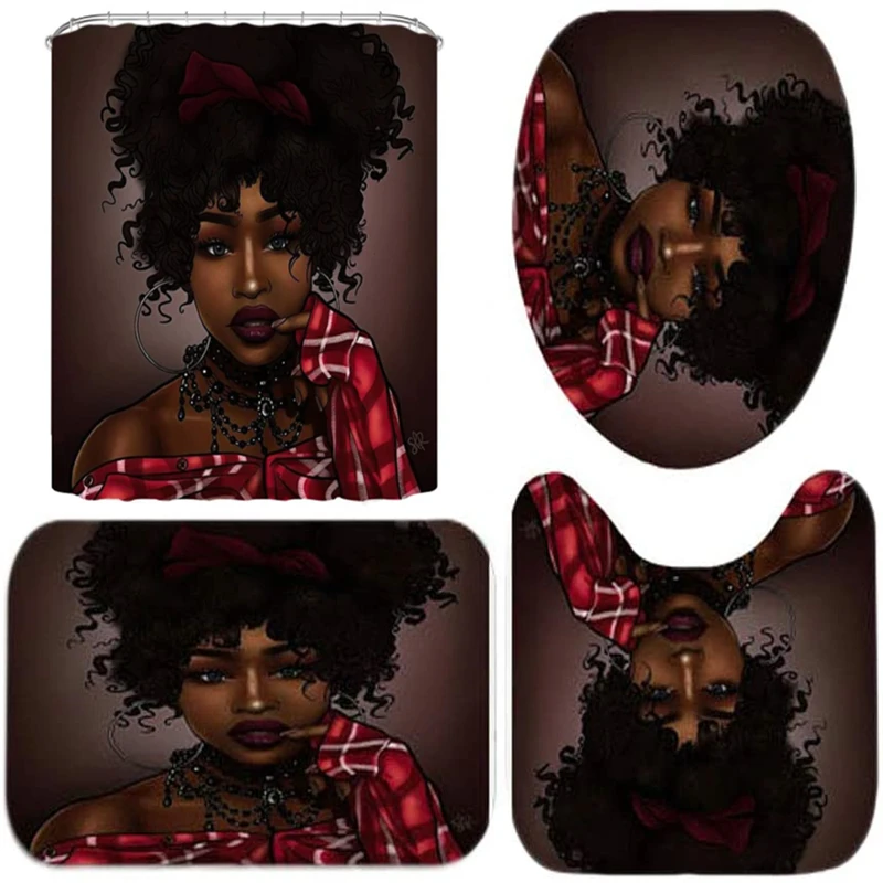 Afro Black Twins Glasses Girl African American Women Shower Curtain With Rugs 4 Pcs Sets For Bathroom Accessory Bath Decor