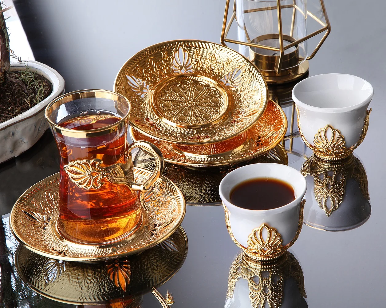 

Arabic Coffee Turkish Tea Set Gold Color 18 Pieces