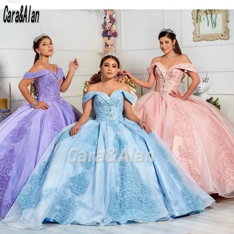 Abiti da principessa Quinceanera rosa messicano con spalle scoperte Appliques di pizzo Puffy Sweet 16 Prom Pageant abiti abiti da xv ol