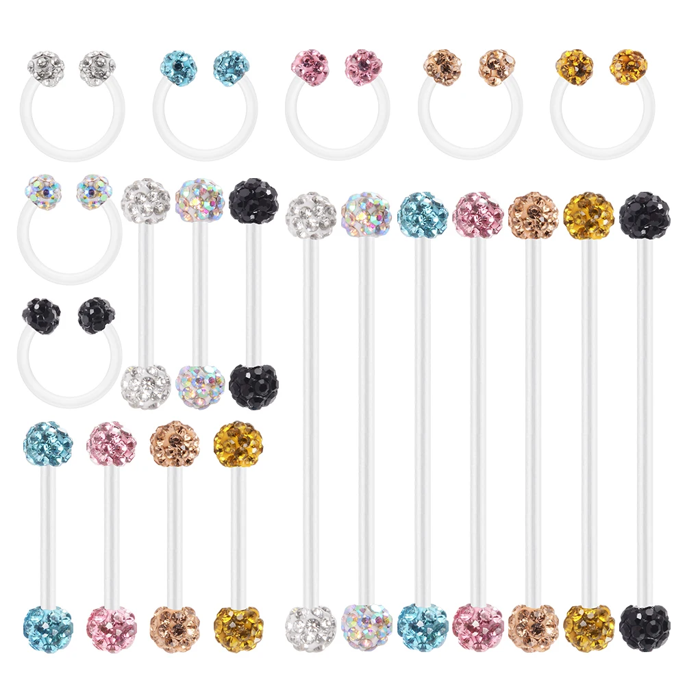 1PC Bioplast Flexible Double Epoxy Crystal Balls Belly Button Ring Full Zircon Tongue Barbell Circular Earrings Piercing Jewelry