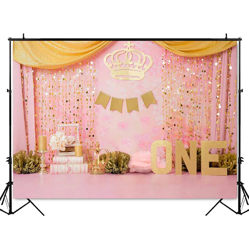 Princess Theme Cake Smash Birthday Backdrop  Sweet Girls 1st Birthday Pink Photo Background Gold Crown and curtrain Photography