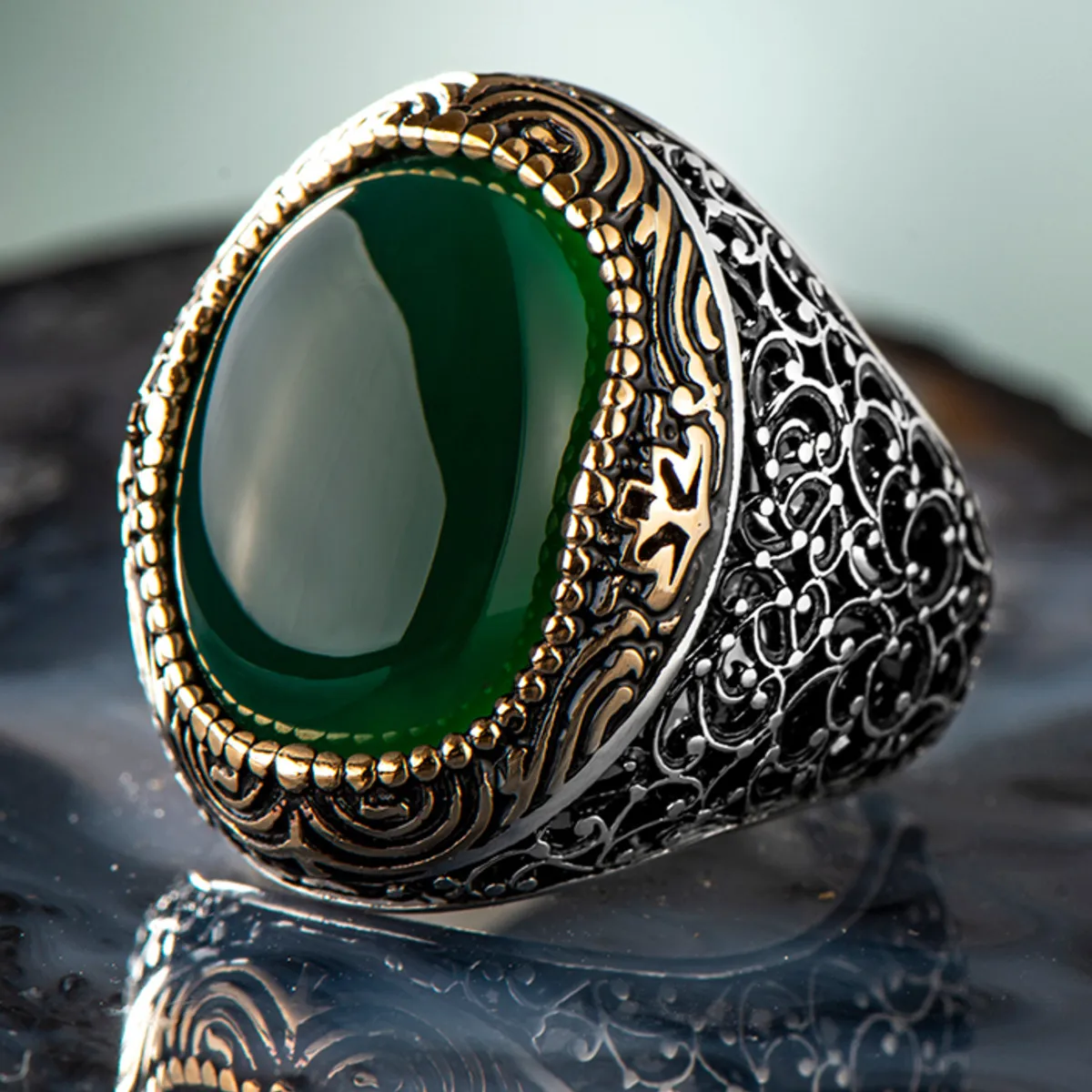 

925 Sterling Silver Green Agate Stone Men's Ring Exclusive Accessory for Men Special Silver Ring Made in Turkey